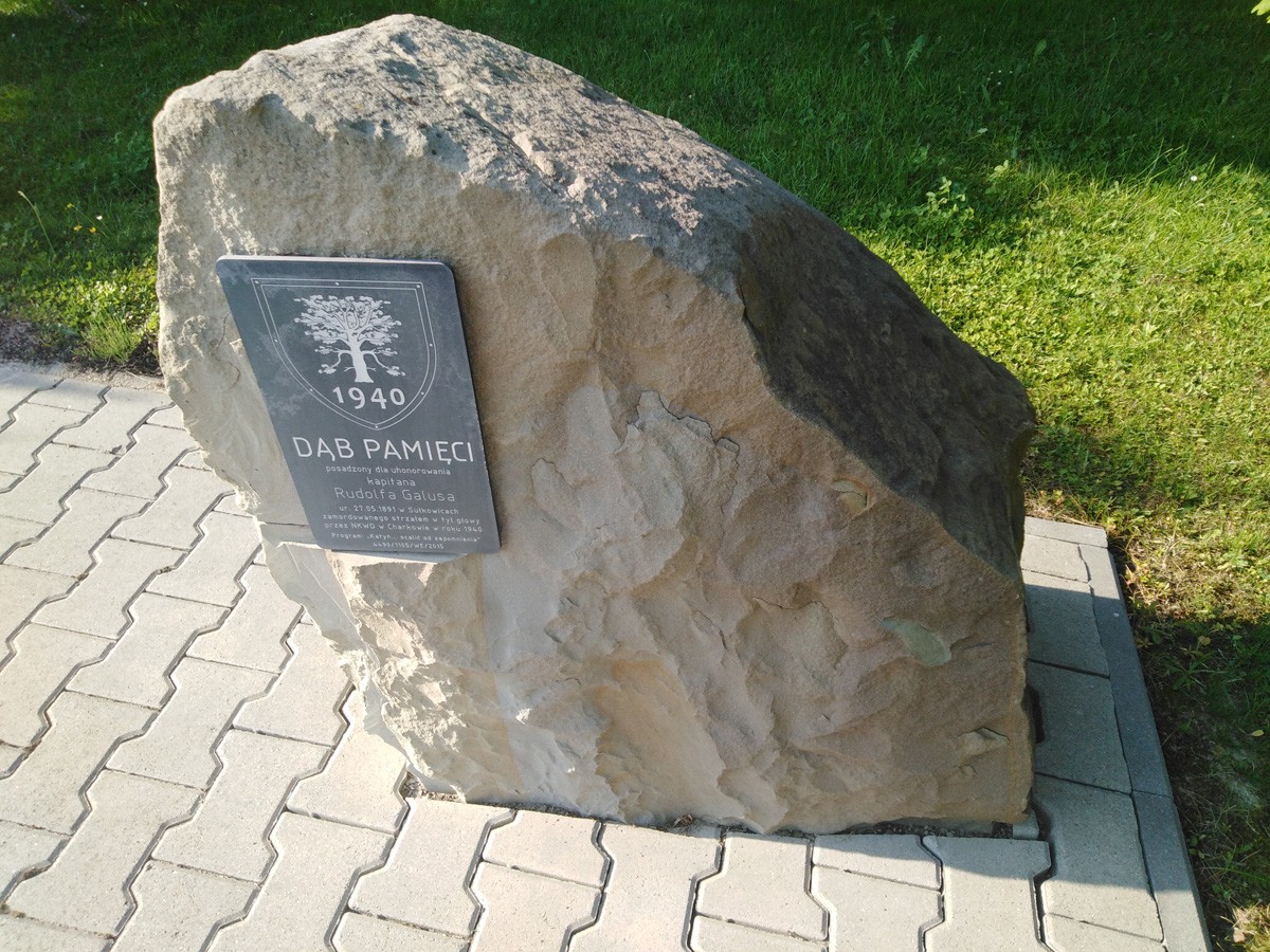 Obelisk "Dąb Pamięci" kpt. Rudolfa Galusa zamordowanego w Charkowie w 1940 roku Obelisk "Dąb Pamięci" kpt. Rudolfa Galusa zamordowanego w Charkowie w 1940 roku